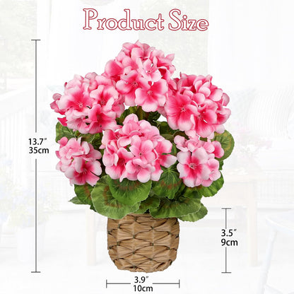 Artificial Geranium Potted Plant – 16” Tall, Realistic Silk Flowers with Vibrant Green Leaves, Pink White Geraniums Fake Flowers for Outdoors Home Décor, Wedding Farmhouse Office Tables Decor