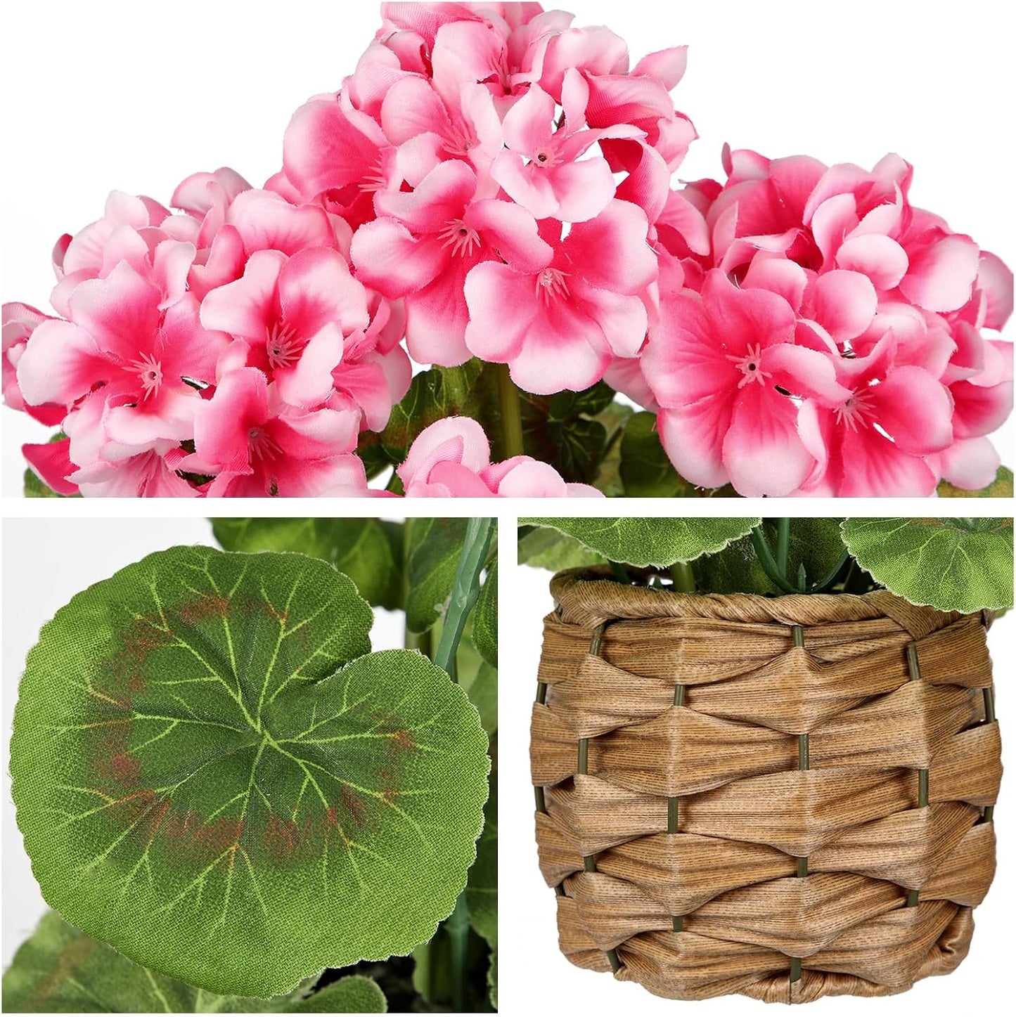 Artificial Geranium Potted Plant – 16” Tall, Realistic Silk Flowers with Vibrant Green Leaves, Pink White Geraniums Fake Flowers for Outdoors Home Décor, Wedding Farmhouse Office Tables Decor