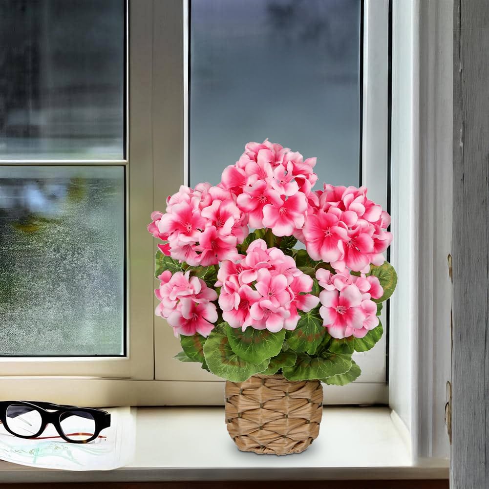 Artificial Geranium Potted Plant – 16” Tall, Realistic Silk Flowers with Vibrant Green Leaves, Pink White Geraniums Fake Flowers for Outdoors Home Décor, Wedding Farmhouse Office Tables Decor