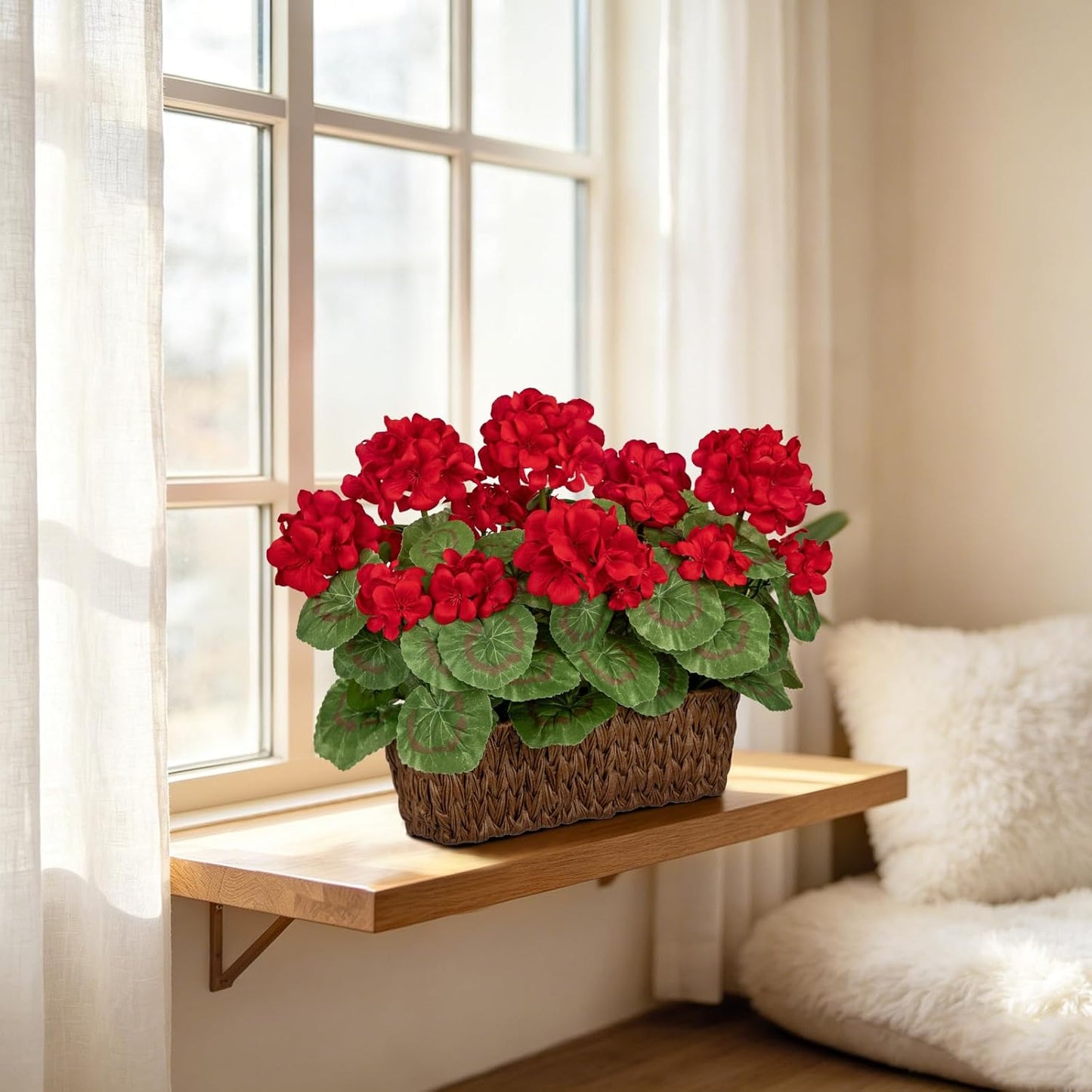 Artificial Geranium Potted Plant – 16” Tall, Realistic Silk Flowers with Vibrant Green Leaves, Pink White Geraniums Fake Flowers for Outdoors Home Décor, Wedding Farmhouse Office Tables Decor