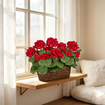 Artificial Geranium Potted Plant – 16” Tall, Realistic Silk Flowers with Vibrant Green Leaves, Pink White Geraniums Fake Flowers for Outdoors Home Décor, Wedding Farmhouse Office Tables Decor