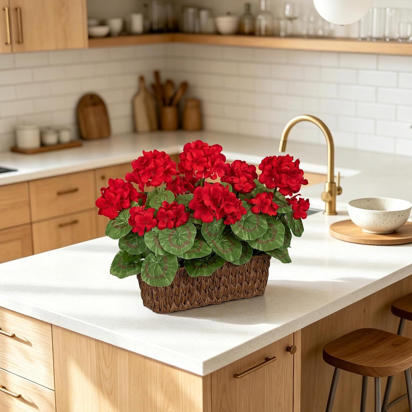 Artificial Geranium Potted Plant – 16” Tall, Realistic Silk Flowers with Vibrant Green Leaves, Pink White Geraniums Fake Flowers for Outdoors Home Décor, Wedding Farmhouse Office Tables Decor