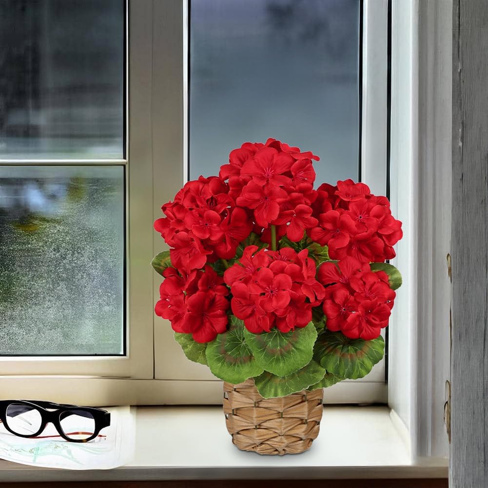Artificial Geranium Potted Plant – 16” Tall, Realistic Silk Flowers with Vibrant Green Leaves, Pink White Geraniums Fake Flowers for Outdoors Home Décor, Wedding Farmhouse Office Tables Decor