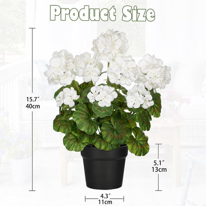 Artificial Geranium Potted Plant – 16” Tall, Realistic Silk Flowers with Vibrant Green Leaves, Pink White Geraniums Fake Flowers for Outdoors Home Décor, Wedding Farmhouse Office Tables Decor