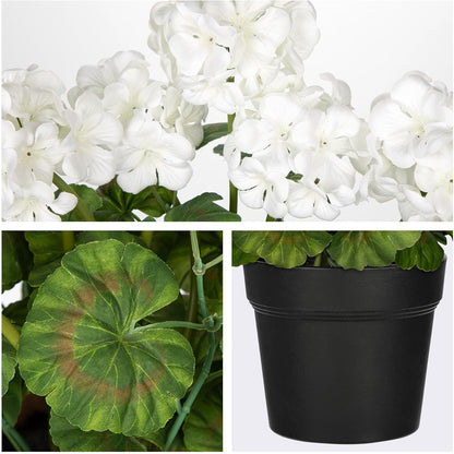 Artificial Geranium Potted Plant – 16” Tall, Realistic Silk Flowers with Vibrant Green Leaves, Pink White Geraniums Fake Flowers for Outdoors Home Décor, Wedding Farmhouse Office Tables Decor