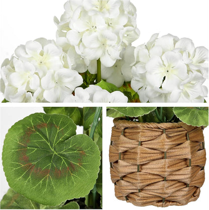Artificial Geranium Potted Plant – 16” Tall, Realistic Silk Flowers with Vibrant Green Leaves, Pink White Geraniums Fake Flowers for Outdoors Home Décor, Wedding Farmhouse Office Tables Decor