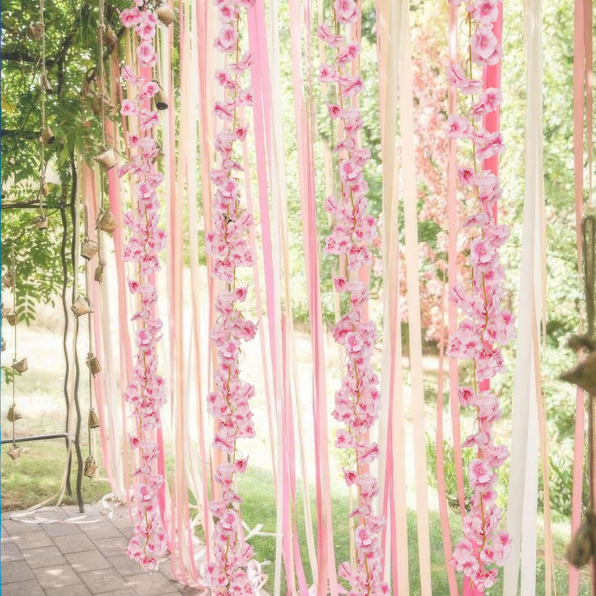 2 Pcs Artificial Cherry Blossom Flower Vines Cherry Blossom Garland 18.48 ft Hanging Silk Flowers Vines Fake Flower Garland Outdoors for Home Wedding Garden Party Arch Office Decor Pink