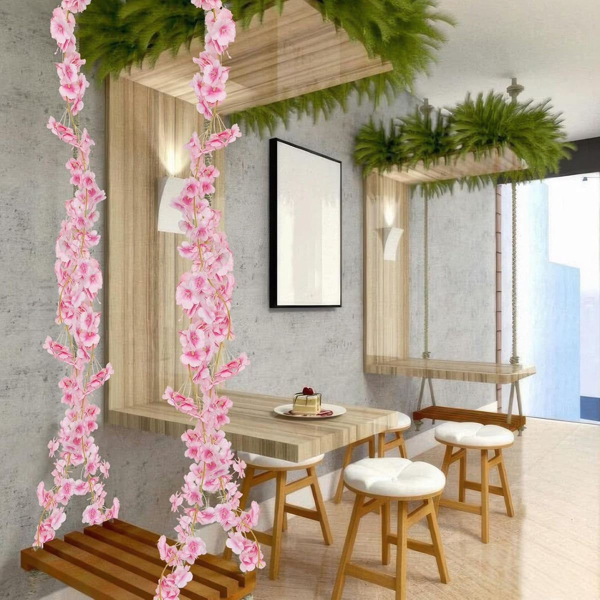 2 Pcs Artificial Cherry Blossom Flower Vines Cherry Blossom Garland 18.48 ft Hanging Silk Flowers Vines Fake Flower Garland Outdoors for Home Wedding Garden Party Arch Office Decor Pink