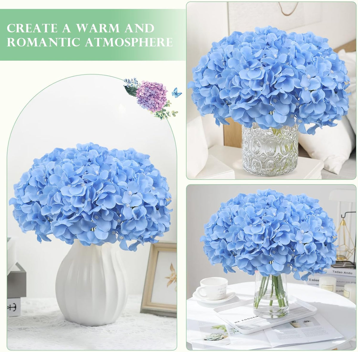 65pcs White Hydrangea Artificial Flowers Bulk (Not Squished, No Steaming Need) Ivory Faux Hydrangeas Bouquet Silk Flowers with Stems for Wedding,Party,Centerpieces,Home,Baby Shower Decor