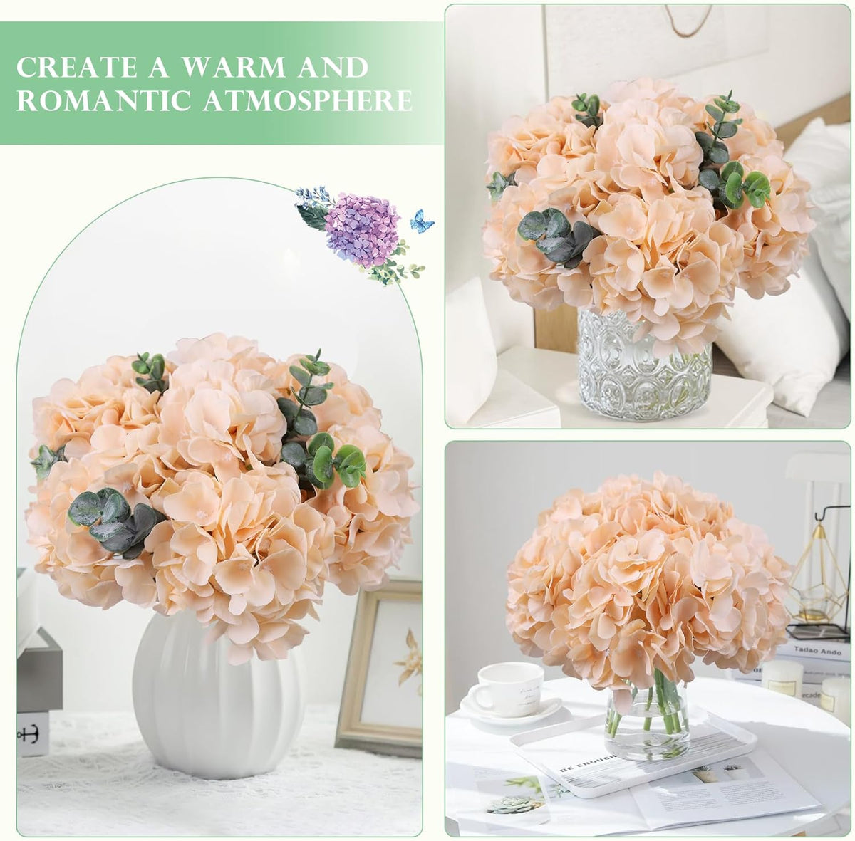 65pcs White Hydrangea Artificial Flowers Bulk (Not Squished, No Steaming Need) Ivory Faux Hydrangeas Bouquet Silk Flowers with Stems for Wedding,Party,Centerpieces,Home,Baby Shower Decor