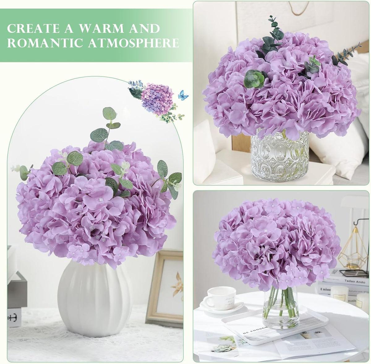 65pcs White Hydrangea Artificial Flowers Bulk (Not Squished, No Steaming Need) Ivory Faux Hydrangeas Bouquet Silk Flowers with Stems for Wedding,Party,Centerpieces,Home,Baby Shower Decor