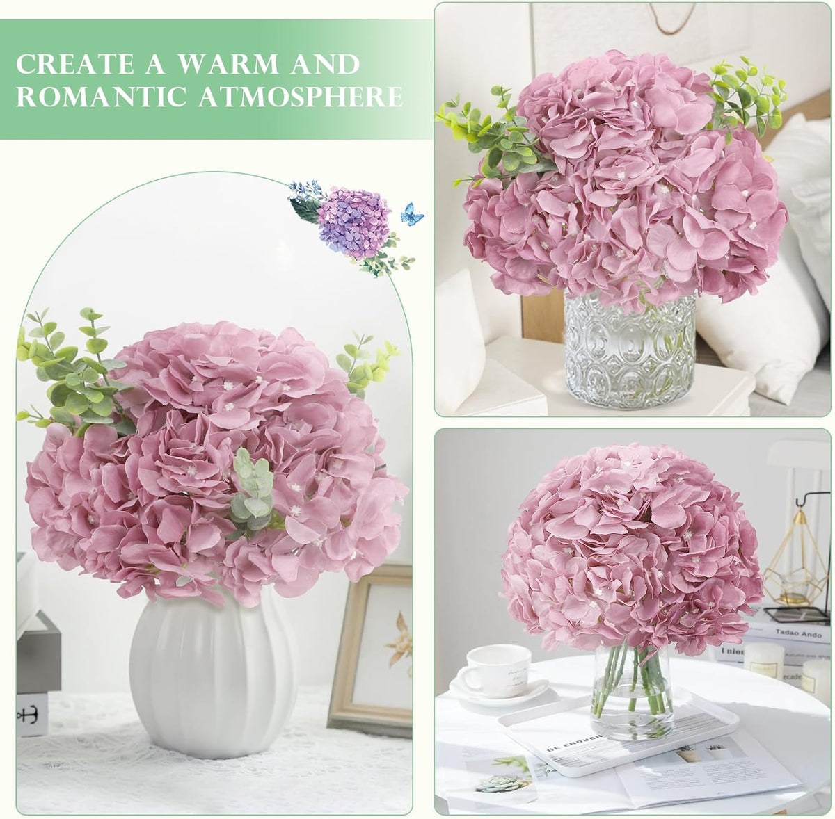 65pcs White Hydrangea Artificial Flowers Bulk (Not Squished, No Steaming Need) Ivory Faux Hydrangeas Bouquet Silk Flowers with Stems for Wedding,Party,Centerpieces,Home,Baby Shower Decor