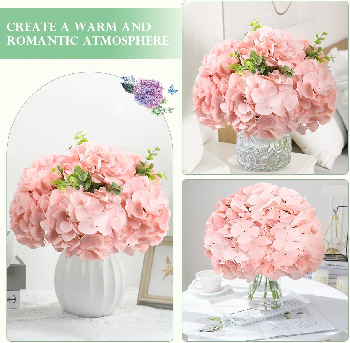 65pcs White Hydrangea Artificial Flowers Bulk (Not Squished, No Steaming Need) Ivory Faux Hydrangeas Bouquet Silk Flowers with Stems for Wedding,Party,Centerpieces,Home,Baby Shower Decor