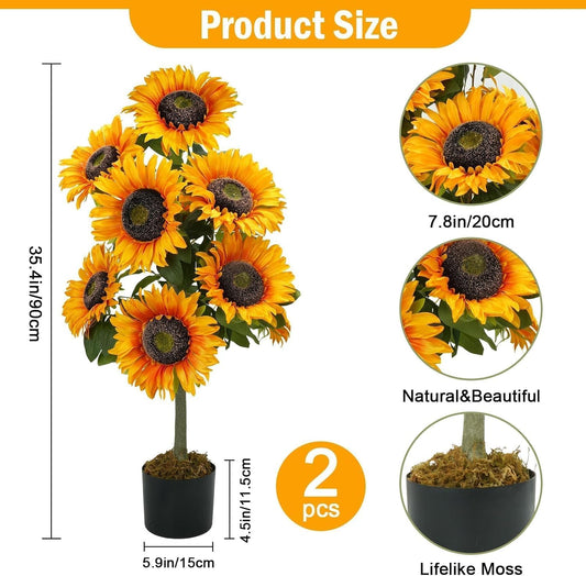 2Pcs 3ft Artificial Sunflowers Outdoors Large Porch Potted Plants for Porch