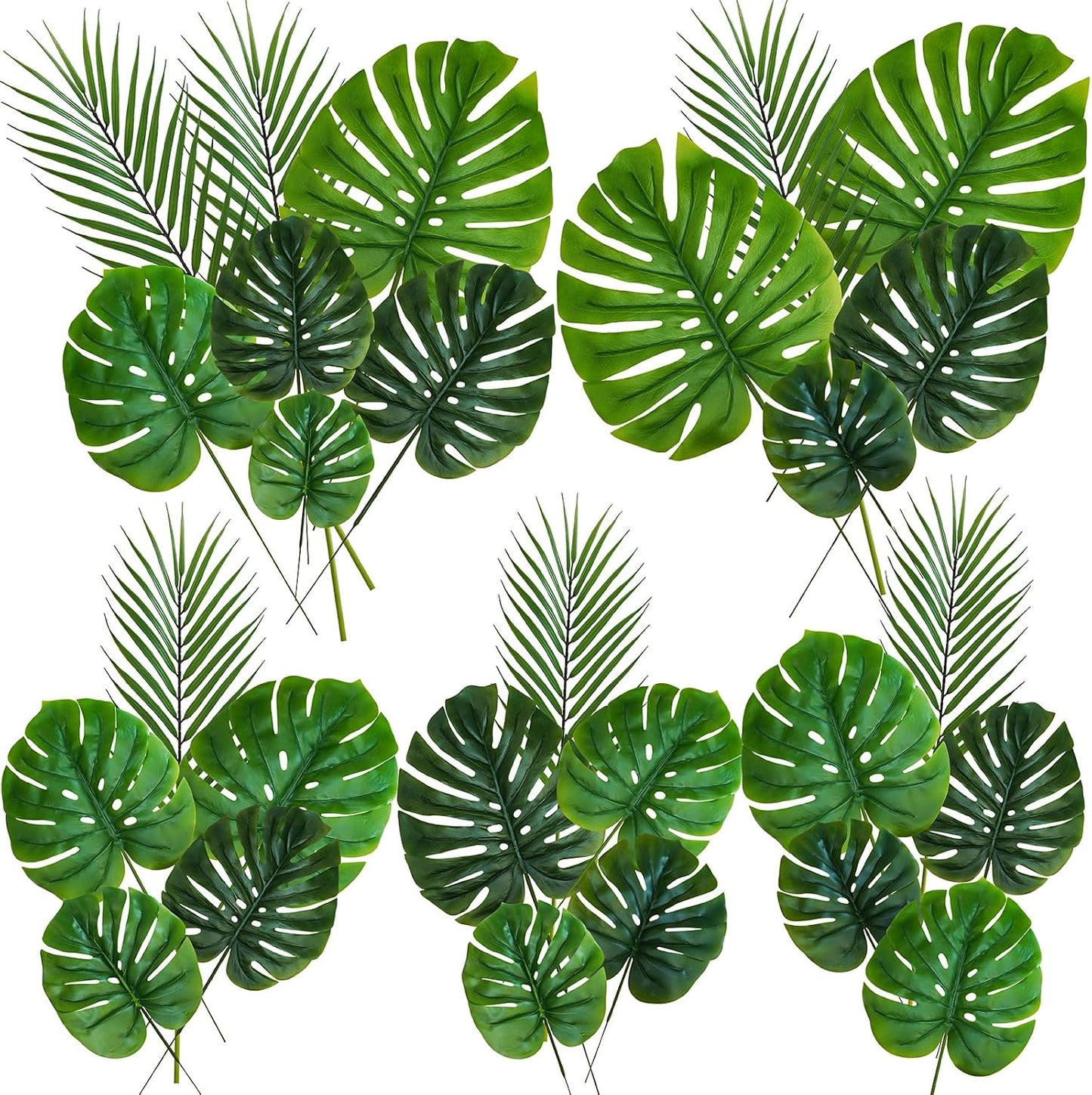 27 Pcs Assorted Faux Tropical Leaf Stems Set Decorative Real Touch Artificial Monstera and Palm Leaves Greenery for Jungle Hawaiian Luau Safari Beach Tiki Theme Party Summer Wedding Home Décor