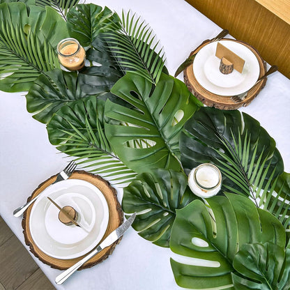 27 Pcs Assorted Faux Tropical Leaf Stems Set Decorative Real Touch Artificial Monstera and Palm Leaves Greenery for Jungle Hawaiian Luau Safari Beach Tiki Theme Party Summer Wedding Home Décor