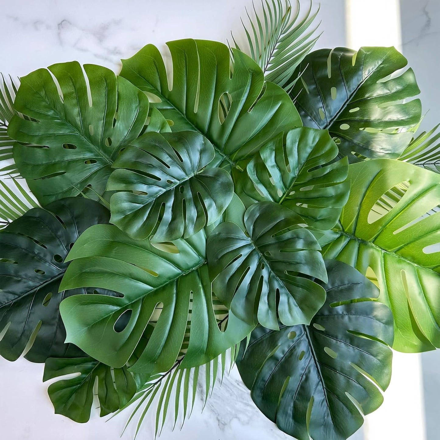 27 Pcs Assorted Faux Tropical Leaf Stems Set Decorative Real Touch Artificial Monstera and Palm Leaves Greenery for Jungle Hawaiian Luau Safari Beach Tiki Theme Party Summer Wedding Home Décor