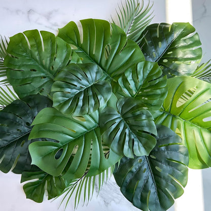 27 Pcs Assorted Faux Tropical Leaf Stems Set Decorative Real Touch Artificial Monstera and Palm Leaves Greenery for Jungle Hawaiian Luau Safari Beach Tiki Theme Party Summer Wedding Home Décor