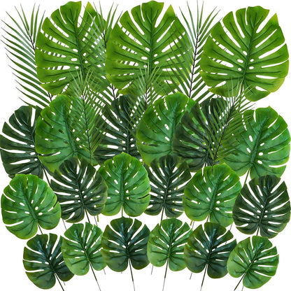 27 Pcs Assorted Faux Tropical Leaf Stems Set Decorative Real Touch Artificial Monstera and Palm Leaves Greenery for Jungle Hawaiian Luau Safari Beach Tiki Theme Party Summer Wedding Home Décor