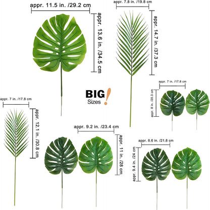 27 Pcs Assorted Faux Tropical Leaf Stems Set Decorative Real Touch Artificial Monstera and Palm Leaves Greenery for Jungle Hawaiian Luau Safari Beach Tiki Theme Party Summer Wedding Home Décor