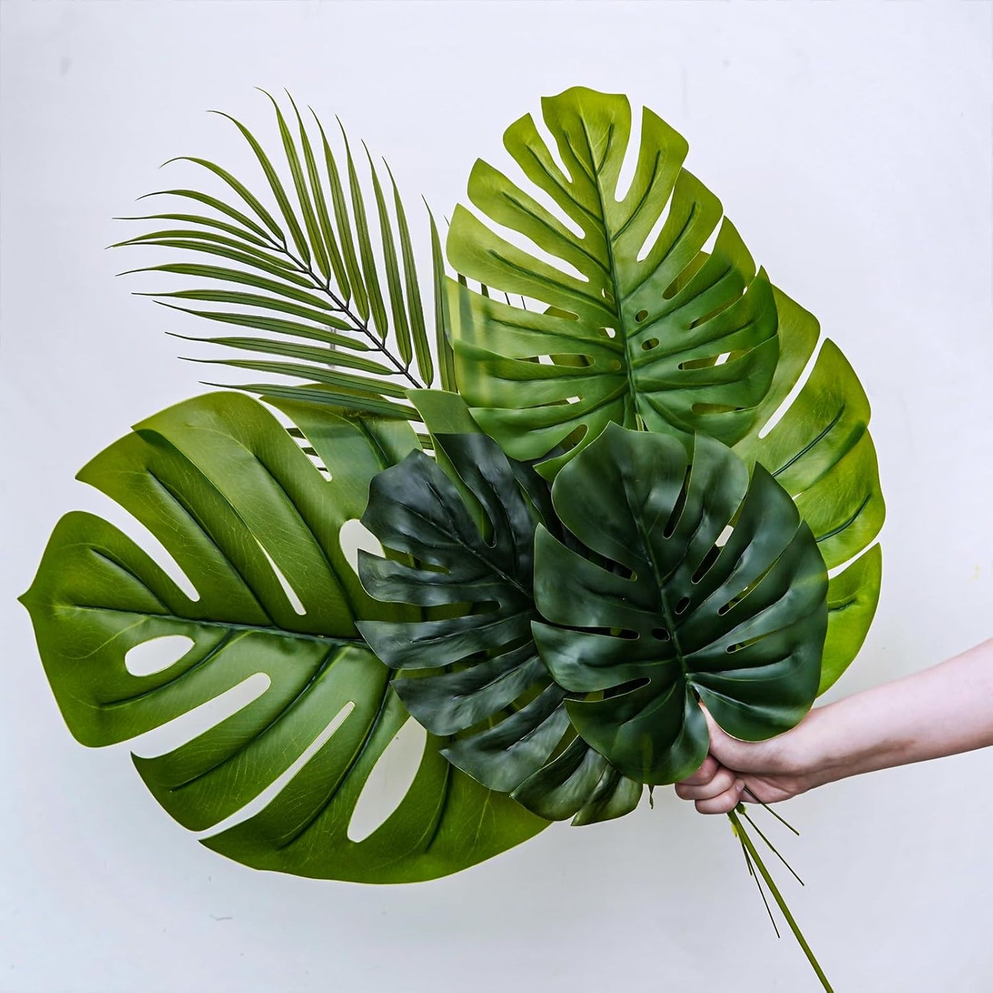 27 Pcs Assorted Faux Tropical Leaf Stems Set Decorative Real Touch Artificial Monstera and Palm Leaves Greenery for Jungle Hawaiian Luau Safari Beach Tiki Theme Party Summer Wedding Home Décor