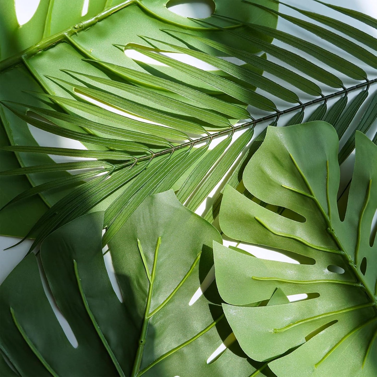 27 Pcs Assorted Faux Tropical Leaf Stems Set Decorative Real Touch Artificial Monstera and Palm Leaves Greenery for Jungle Hawaiian Luau Safari Beach Tiki Theme Party Summer Wedding Home Décor