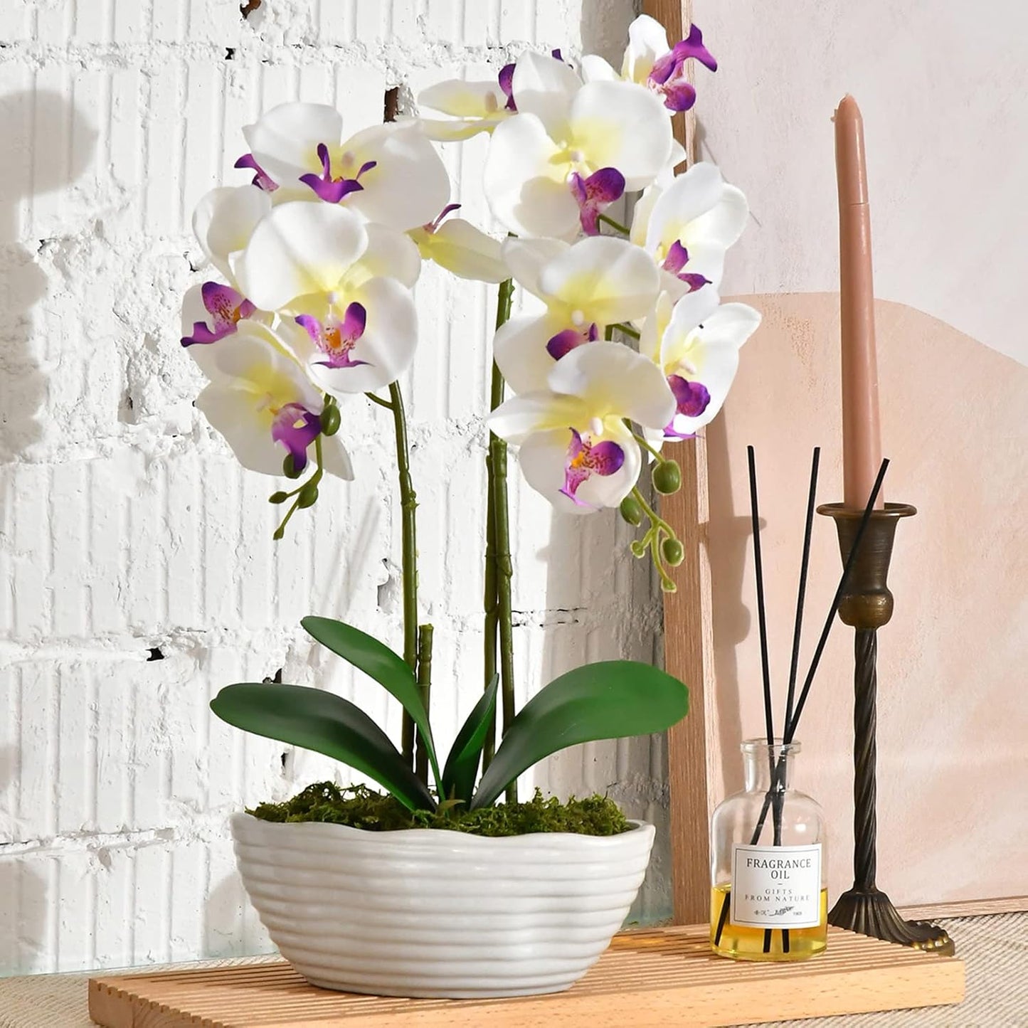 Large White Artificial Orchid Arrangement in Oval Ribbed Ceramic Pot | Lifelike Phalaenopsis Silk orchid with Lush Blooms on Tall Stems, Elegant Table Centerpiece & Ideal Gift for Any Occasion