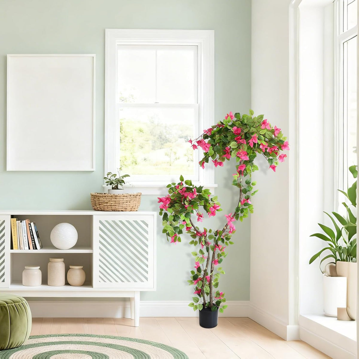 5 Feet Artificial Bougainvillea Tree with Flowers in Plastic Pot Faux Blooming Tree for Decor Indoor or Outdoor Home Office, 1 PCS(63 inch)