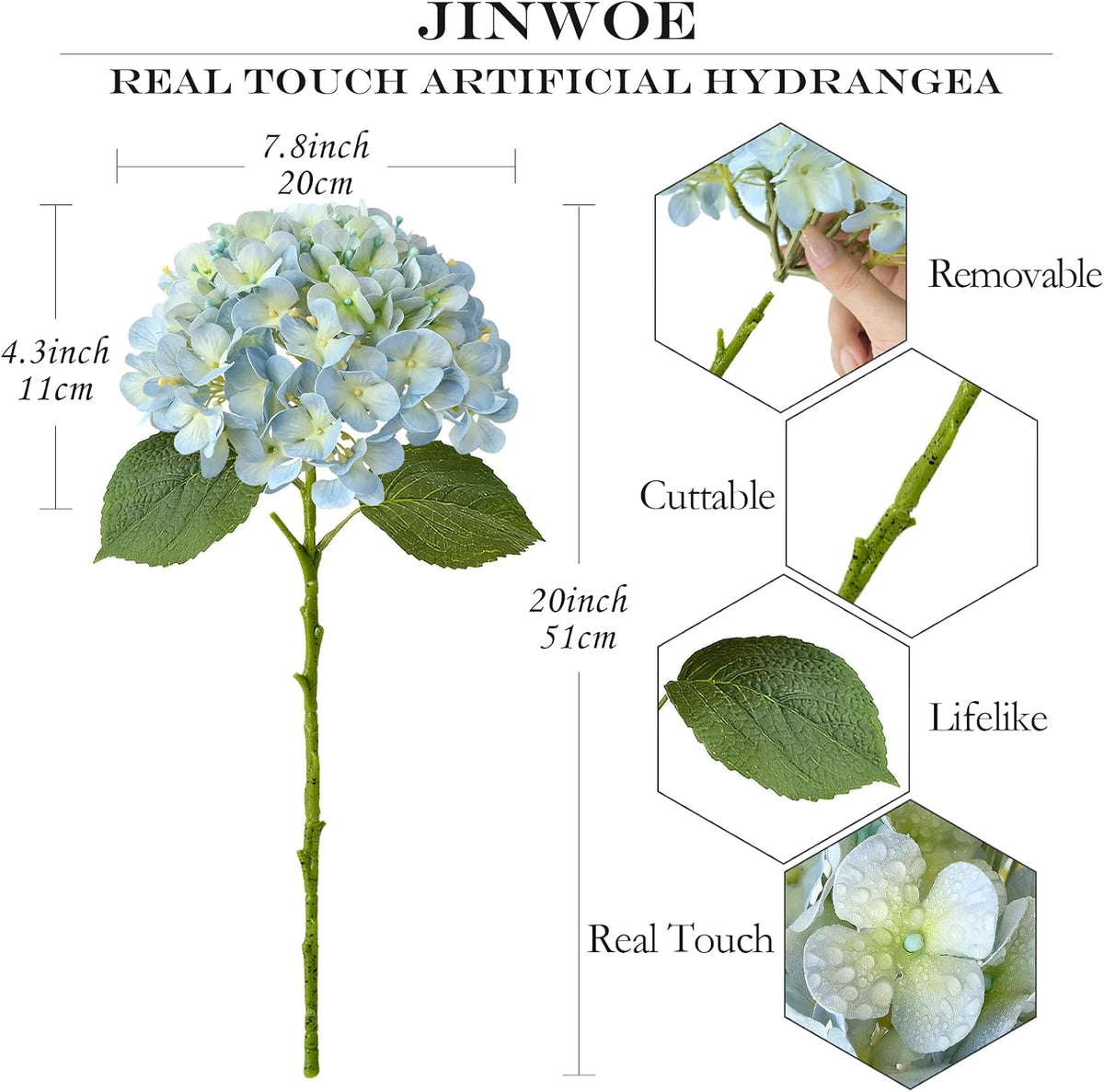 JINWOE Light Blue Hydrangea Artificial Flowers,4Pcs 20" Real Touch Lifelike Silk Artificial Hydrangeas, Full Fake Flowers for Bouquet Table Centerpieces Spring Wedding Indoor Home