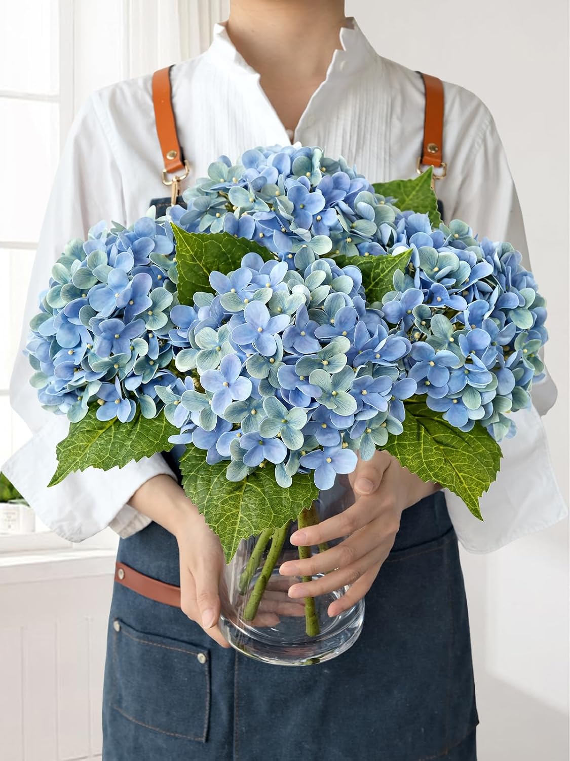 JINWOE Light Blue Hydrangea Artificial Flowers,4Pcs 20" Real Touch Lifelike Silk Artificial Hydrangeas, Full Fake Flowers for Bouquet Table Centerpieces Spring Wedding Indoor Home