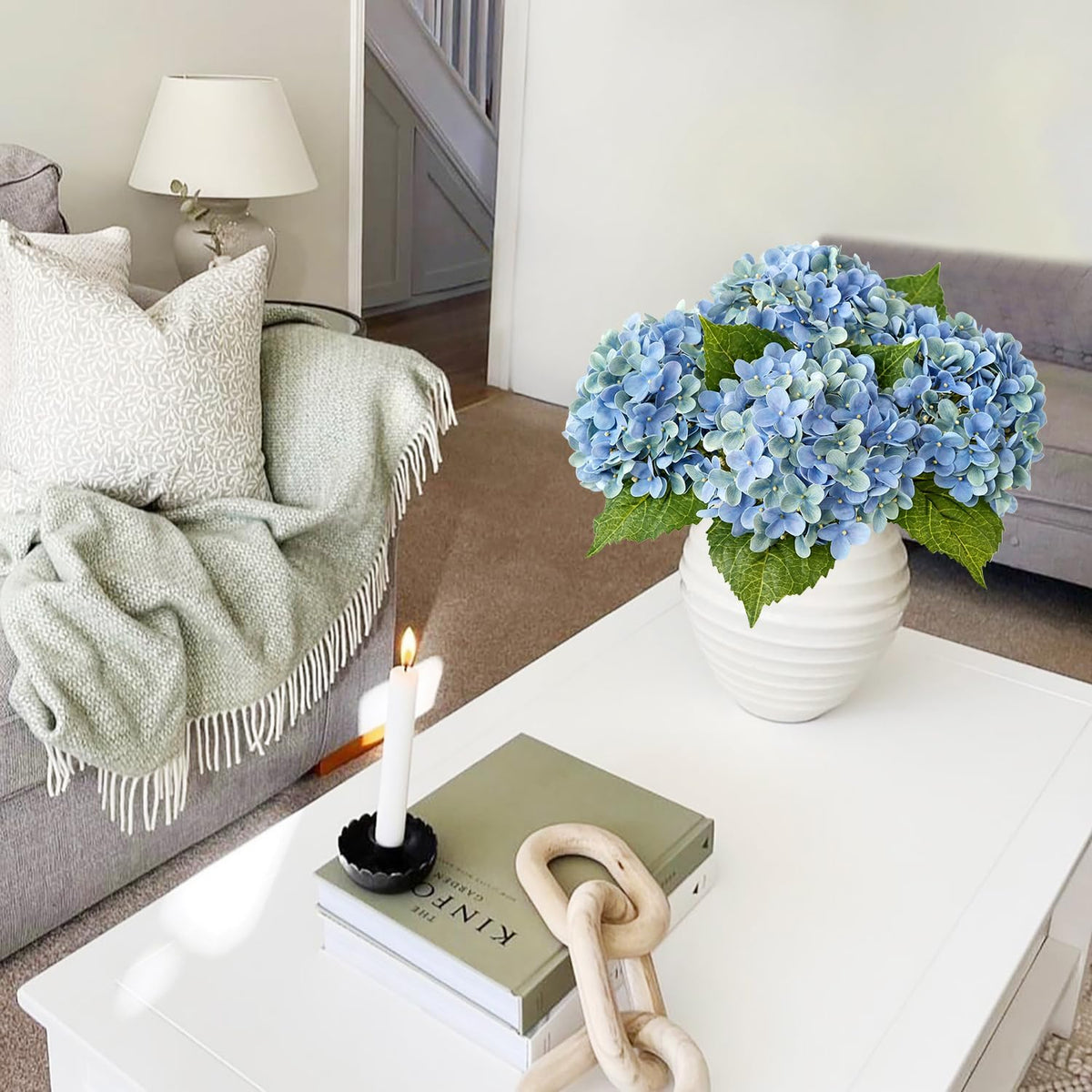 JINWOE Light Blue Hydrangea Artificial Flowers,4Pcs 20" Real Touch Lifelike Silk Artificial Hydrangeas, Full Fake Flowers for Bouquet Table Centerpieces Spring Wedding Indoor Home