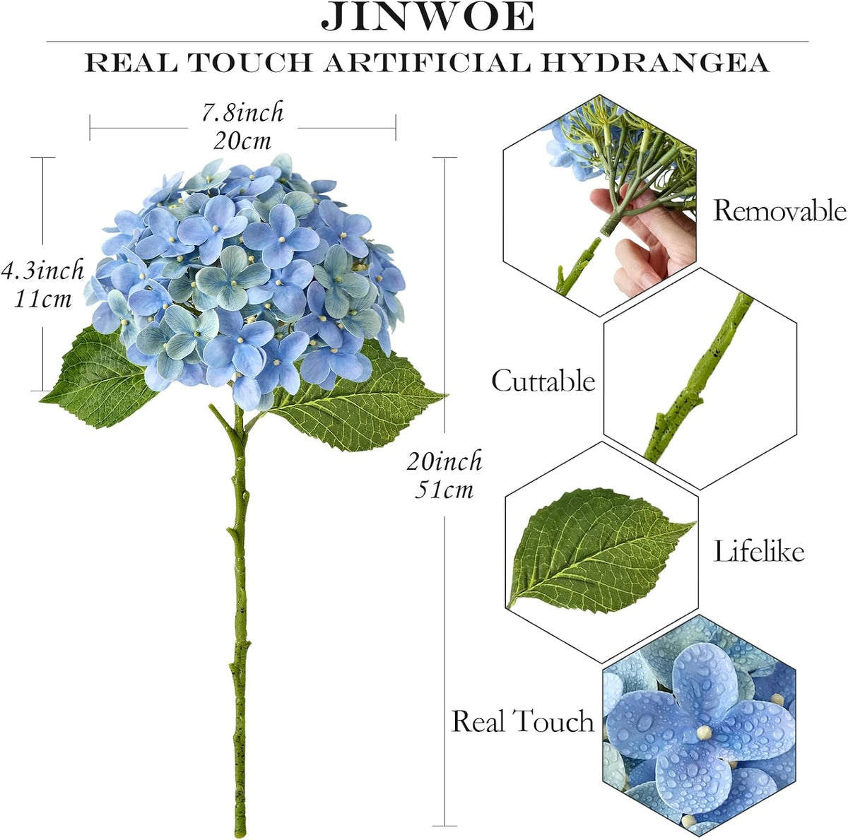 JINWOE Light Blue Hydrangea Artificial Flowers,4Pcs 20" Real Touch Lifelike Silk Artificial Hydrangeas, Full Fake Flowers for Bouquet Table Centerpieces Spring Wedding Indoor Home