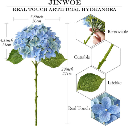 JINWOE Light Blue Hydrangea Artificial Flowers,4Pcs 20" Real Touch Lifelike Silk Artificial Hydrangeas, Full Fake Flowers for Bouquet Table Centerpieces Spring Wedding Indoor Home
