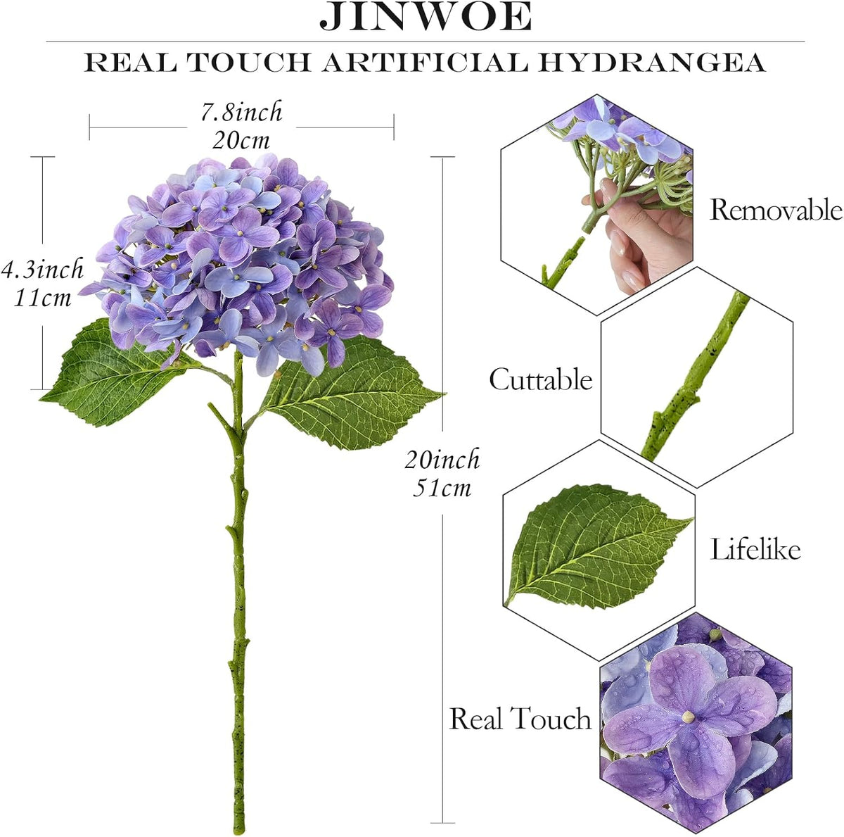 JINWOE Light Blue Hydrangea Artificial Flowers,4Pcs 20" Real Touch Lifelike Silk Artificial Hydrangeas, Full Fake Flowers for Bouquet Table Centerpieces Spring Wedding Indoor Home