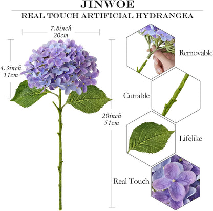 JINWOE Light Blue Hydrangea Artificial Flowers,4Pcs 20" Real Touch Lifelike Silk Artificial Hydrangeas, Full Fake Flowers for Bouquet Table Centerpieces Spring Wedding Indoor Home