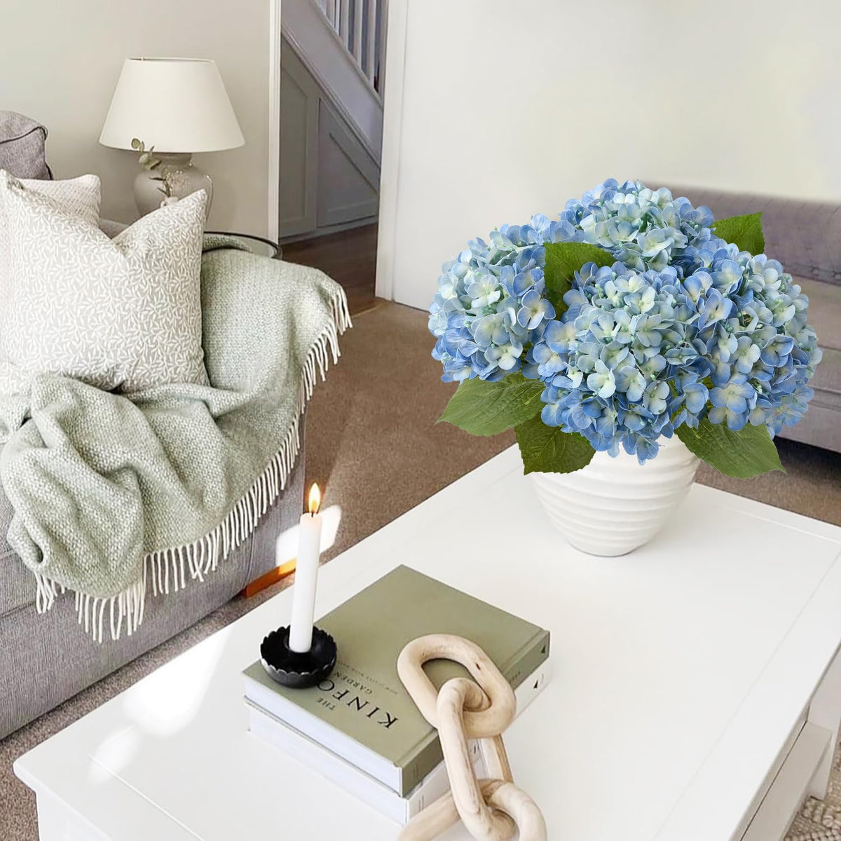 JINWOE Light Blue Hydrangea Artificial Flowers,4Pcs 20" Real Touch Lifelike Silk Artificial Hydrangeas, Full Fake Flowers for Bouquet Table Centerpieces Spring Wedding Indoor Home