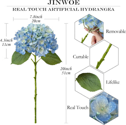 JINWOE Light Blue Hydrangea Artificial Flowers,4Pcs 20" Real Touch Lifelike Silk Artificial Hydrangeas, Full Fake Flowers for Bouquet Table Centerpieces Spring Wedding Indoor Home