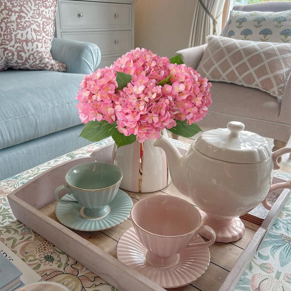 JINWOE Light Blue Hydrangea Artificial Flowers,4Pcs 20" Real Touch Lifelike Silk Artificial Hydrangeas, Full Fake Flowers for Bouquet Table Centerpieces Spring Wedding Indoor Home