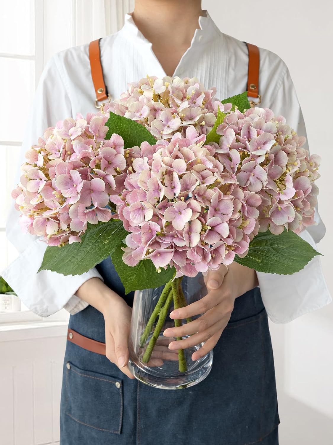JINWOE Light Blue Hydrangea Artificial Flowers,4Pcs 20" Real Touch Lifelike Silk Artificial Hydrangeas, Full Fake Flowers for Bouquet Table Centerpieces Spring Wedding Indoor Home