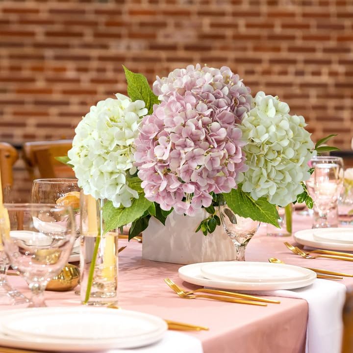 JINWOE Light Blue Hydrangea Artificial Flowers,4Pcs 20" Real Touch Lifelike Silk Artificial Hydrangeas, Full Fake Flowers for Bouquet Table Centerpieces Spring Wedding Indoor Home