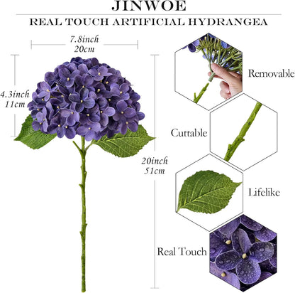 JINWOE Light Blue Hydrangea Artificial Flowers,4Pcs 20" Real Touch Lifelike Silk Artificial Hydrangeas, Full Fake Flowers for Bouquet Table Centerpieces Spring Wedding Indoor Home