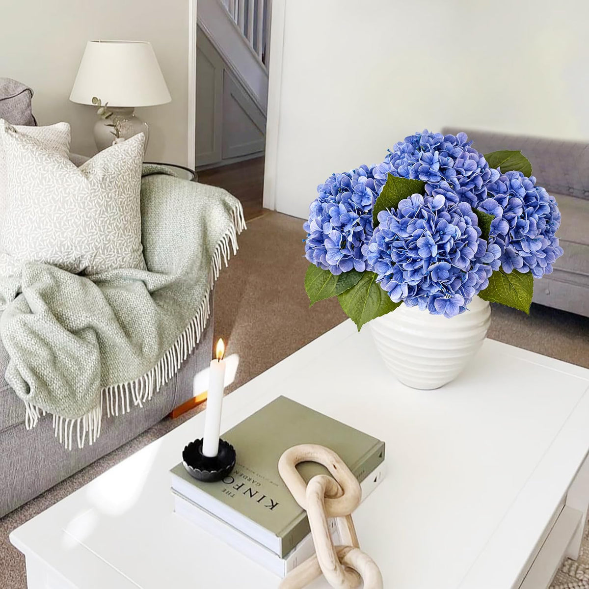JINWOE Light Blue Hydrangea Artificial Flowers,4Pcs 20" Real Touch Lifelike Silk Artificial Hydrangeas, Full Fake Flowers for Bouquet Table Centerpieces Spring Wedding Indoor Home