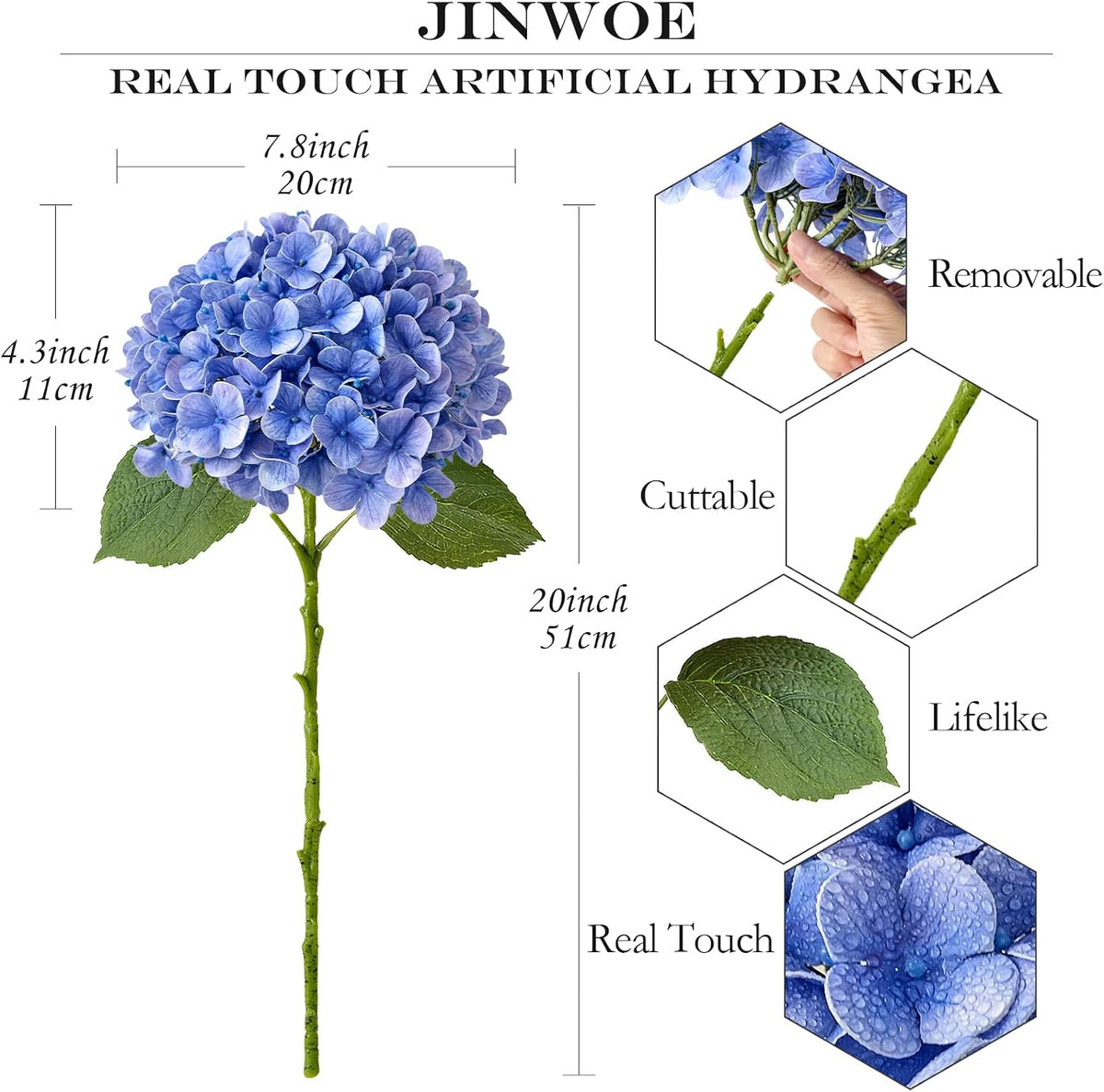 JINWOE Light Blue Hydrangea Artificial Flowers,4Pcs 20" Real Touch Lifelike Silk Artificial Hydrangeas, Full Fake Flowers for Bouquet Table Centerpieces Spring Wedding Indoor Home