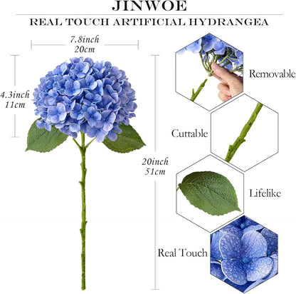 JINWOE Light Blue Hydrangea Artificial Flowers,4Pcs 20" Real Touch Lifelike Silk Artificial Hydrangeas, Full Fake Flowers for Bouquet Table Centerpieces Spring Wedding Indoor Home