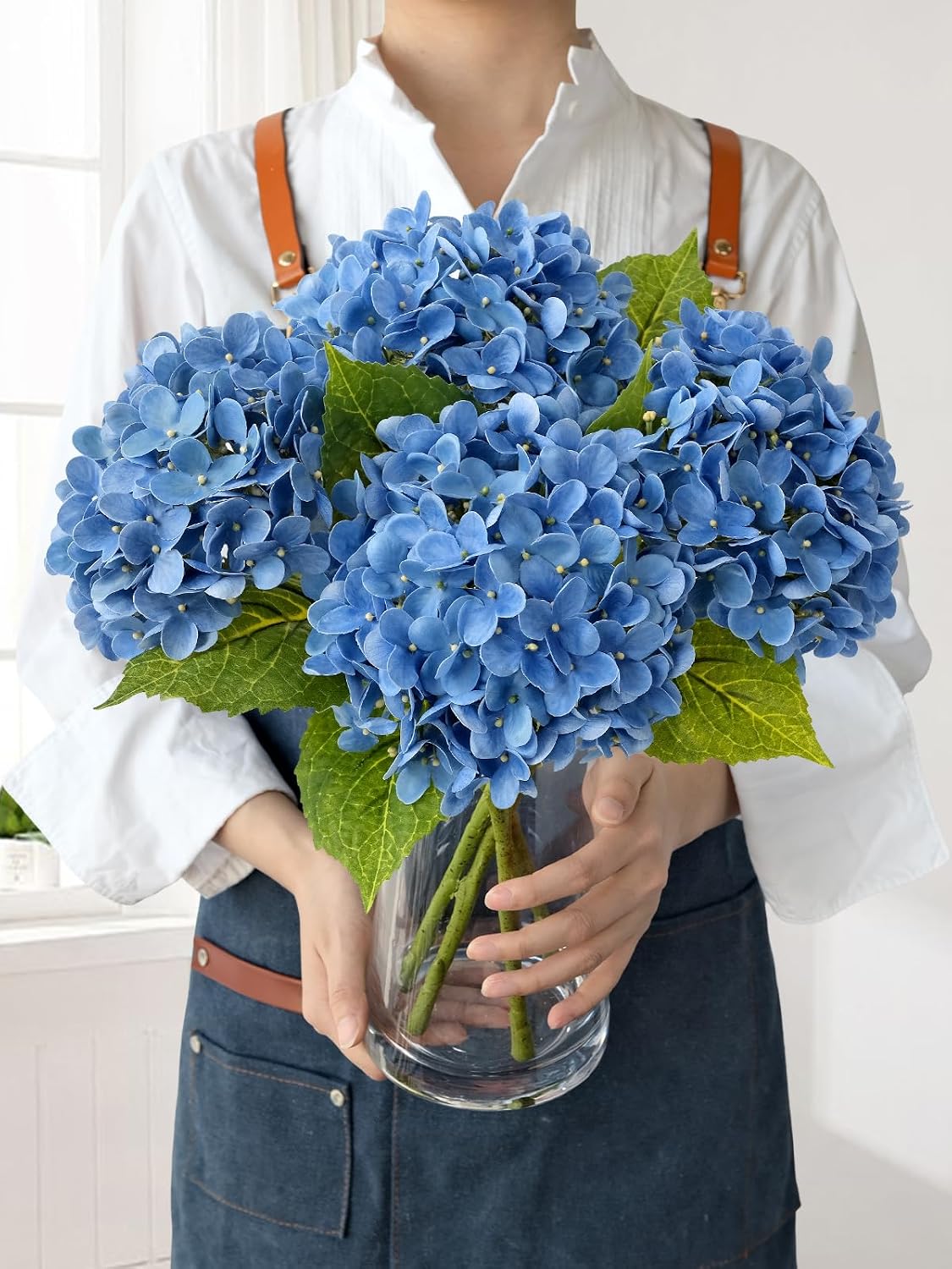 JINWOE Light Blue Hydrangea Artificial Flowers,4Pcs 20" Real Touch Lifelike Silk Artificial Hydrangeas, Full Fake Flowers for Bouquet Table Centerpieces Spring Wedding Indoor Home