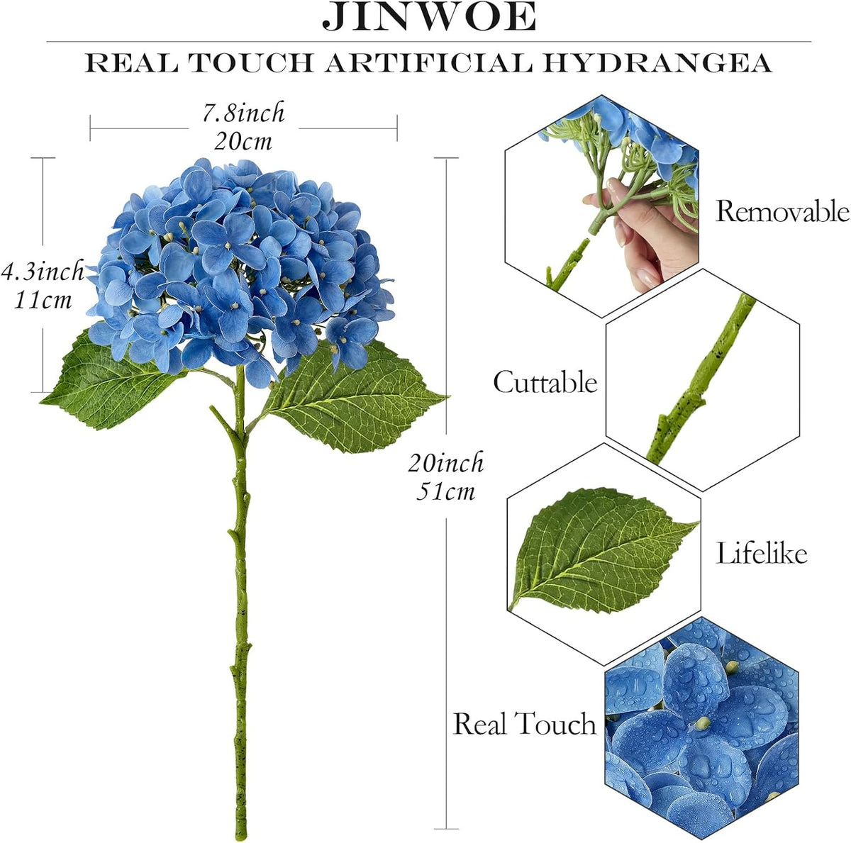 JINWOE Light Blue Hydrangea Artificial Flowers,4Pcs 20" Real Touch Lifelike Silk Artificial Hydrangeas, Full Fake Flowers for Bouquet Table Centerpieces Spring Wedding Indoor Home
