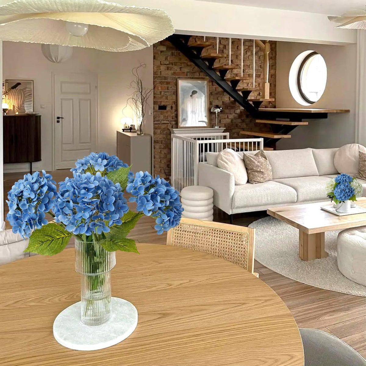 JINWOE Light Blue Hydrangea Artificial Flowers,4Pcs 20" Real Touch Lifelike Silk Artificial Hydrangeas, Full Fake Flowers for Bouquet Table Centerpieces Spring Wedding Indoor Home