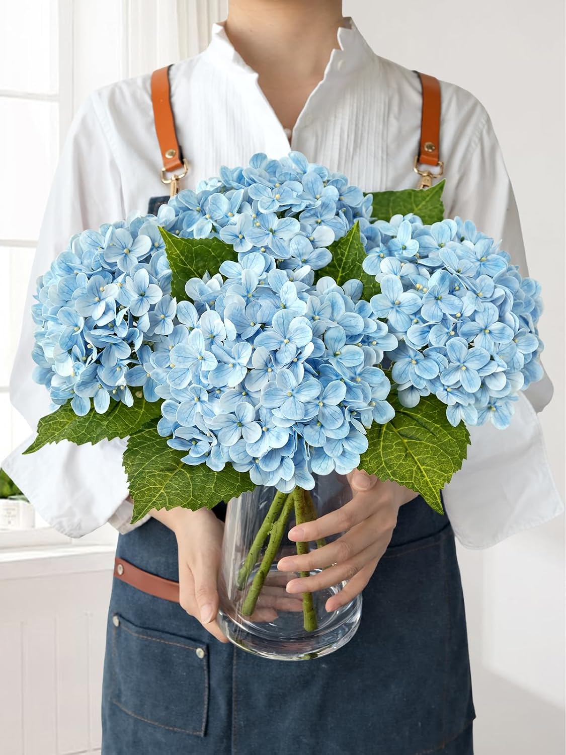 JINWOE Light Blue Hydrangea Artificial Flowers,4Pcs 20" Real Touch Lifelike Silk Artificial Hydrangeas, Full Fake Flowers for Bouquet Table Centerpieces Spring Wedding Indoor Home