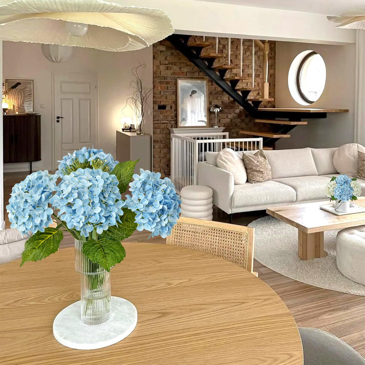 JINWOE Light Blue Hydrangea Artificial Flowers,4Pcs 20" Real Touch Lifelike Silk Artificial Hydrangeas, Full Fake Flowers for Bouquet Table Centerpieces Spring Wedding Indoor Home