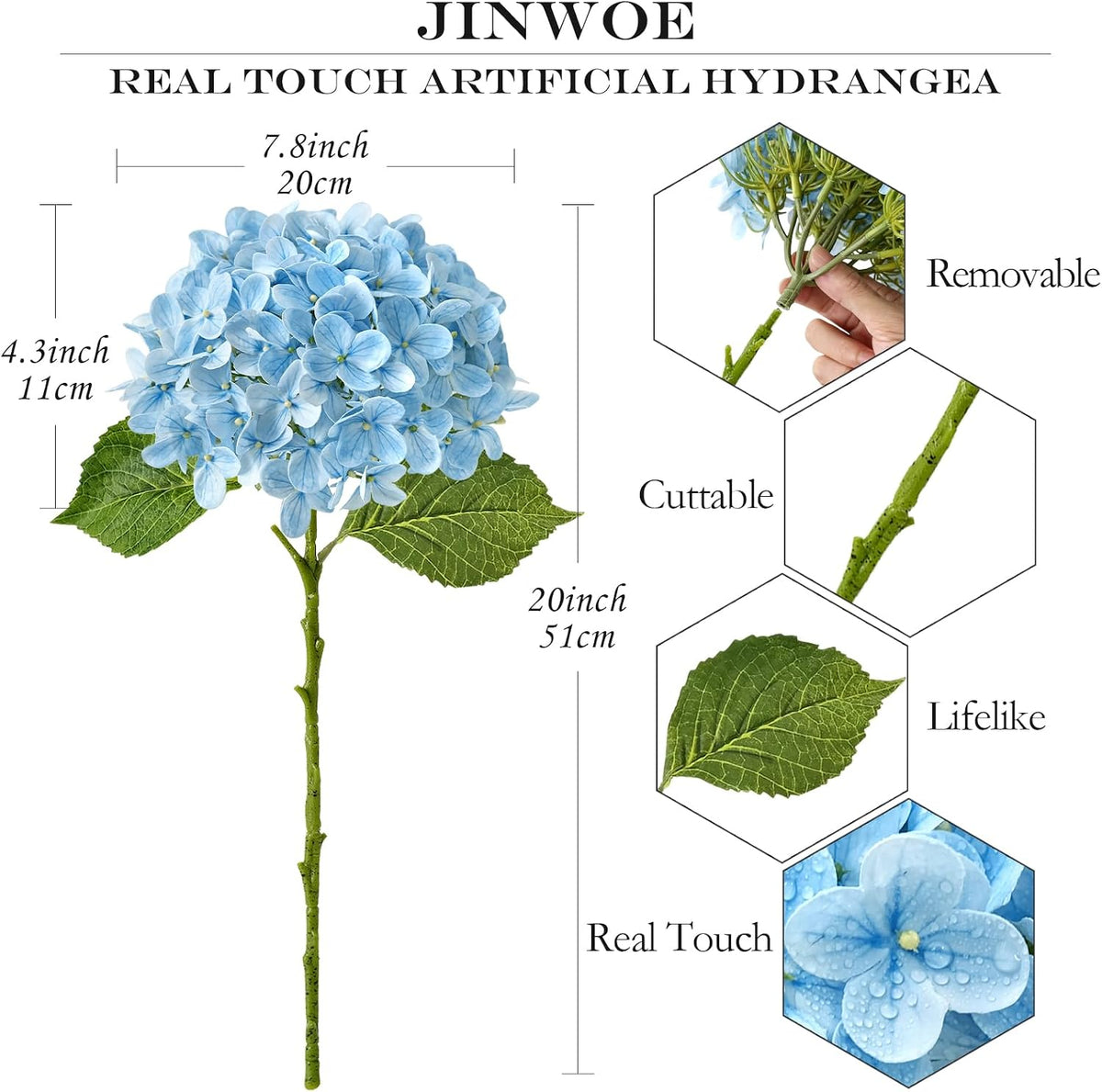 JINWOE Light Blue Hydrangea Artificial Flowers,4Pcs 20" Real Touch Lifelike Silk Artificial Hydrangeas, Full Fake Flowers for Bouquet Table Centerpieces Spring Wedding Indoor Home